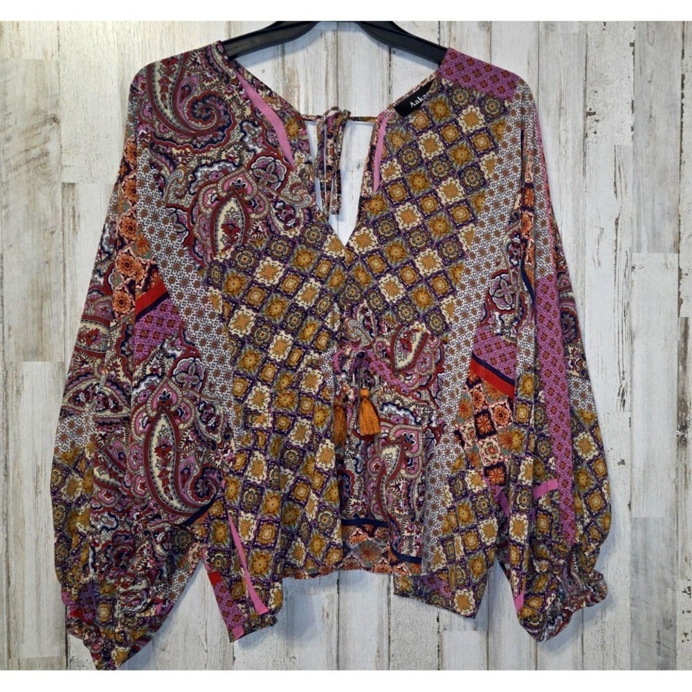 Aakaa size S Chiffon Tie back Top Blouse Paisley Kimono Tassel Boho EUC